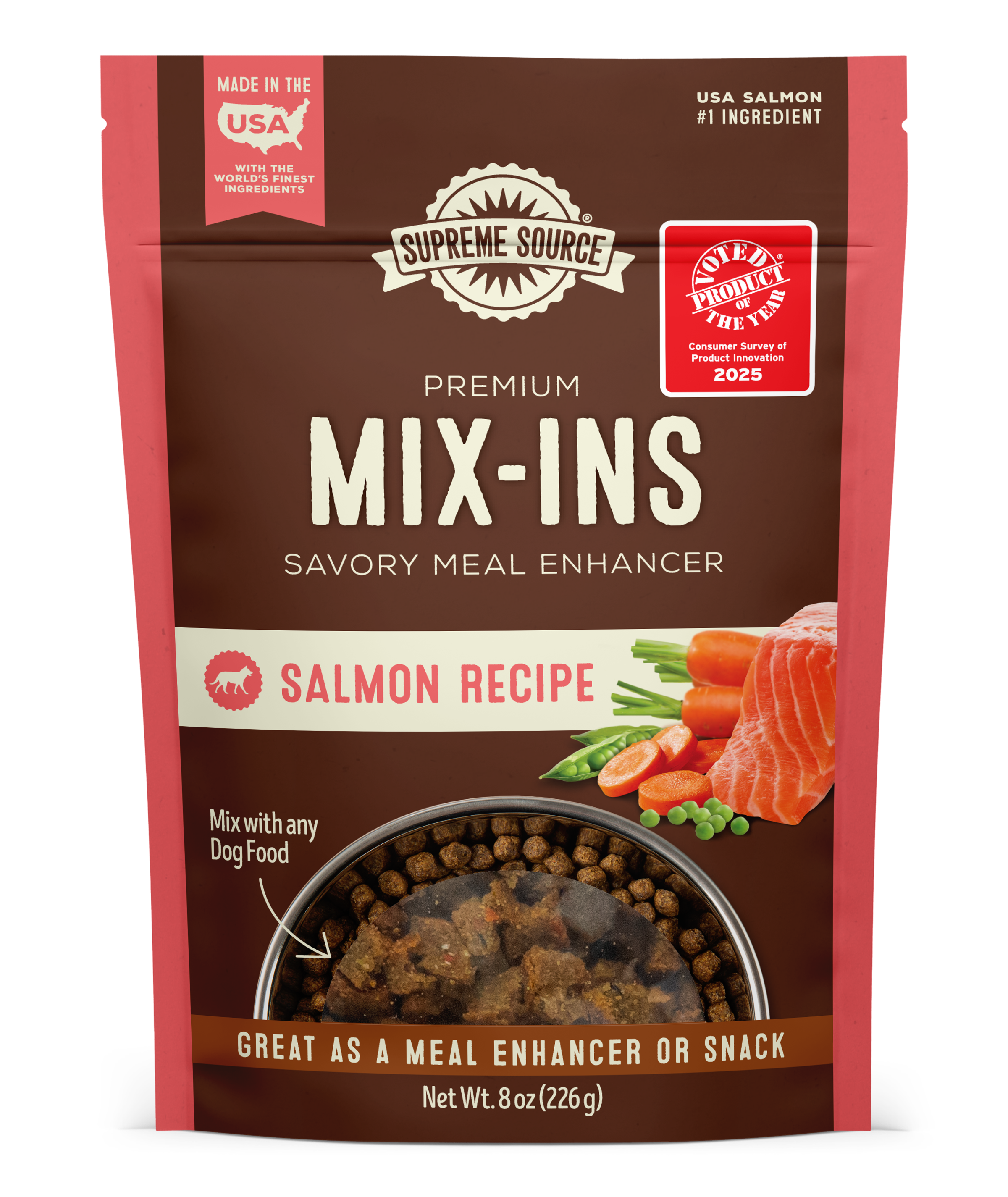 A package of Supreme Source Premium Mix-Ins with a salmon recipe. The product is marketed as a savory meal enhancer and is placed against a white background.