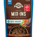 Packaging for Supreme Source Premium Beef Mix-Ins, showing a beef recipe pouch with an image of the product and a bowl of dog food.