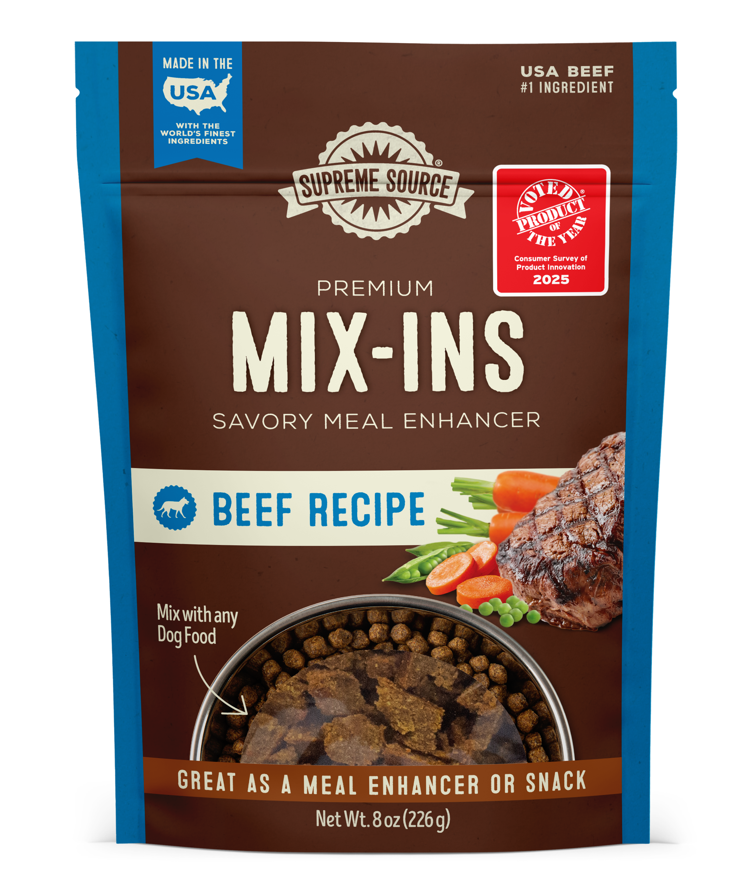 Packaging for Supreme Source Premium Beef Mix-Ins, showing a beef recipe pouch with an image of the product and a bowl of dog food.