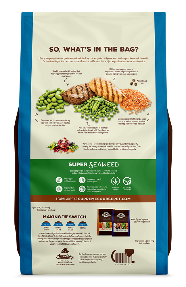 Backside image of Supreme Source Beef, Chicken Meal and Lentil Recipe
