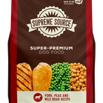 A bag of Supreme Source Premium Dry Dog Food with an image of a dog, pork, beans, and wild boar on the front.