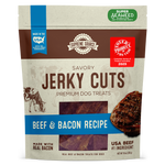 Packaging for Supreme Source Beef & Bacon Jerky Cuts, indicating the product is made in the USA and includes real bacon as an ingredient.