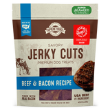 Packaging for Supreme Source Beef & Bacon Jerky Cuts, indicating the product is made in the USA and includes real bacon as an ingredient.