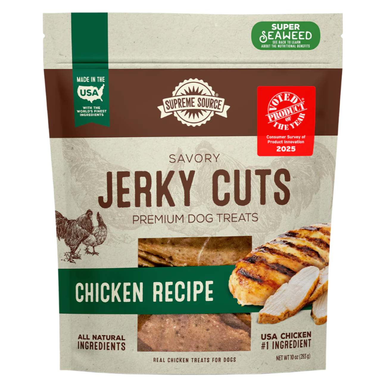 A package of Supreme Source Savory Jerky Cuts premium dog treats with chicken recipe. The packaging is predominantly beige with an image of a chicken and crossed cutlets, highlighting the natural ingredients and super seaweed for digestion.