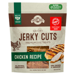 A package of Supreme Source Savory Jerky Cuts premium dog treats with chicken recipe. The packaging is predominantly beige with an image of a chicken and crossed cutlets, highlighting the natural ingredients and super seaweed for digestion.