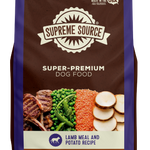 A package of Supreme Source Super-Premium Dog Food with Lamb Meal & Potato Recipe. The bag is predominantly brown and white with images of the product ingredients such as lamb, potatoes, and carrots on the front.