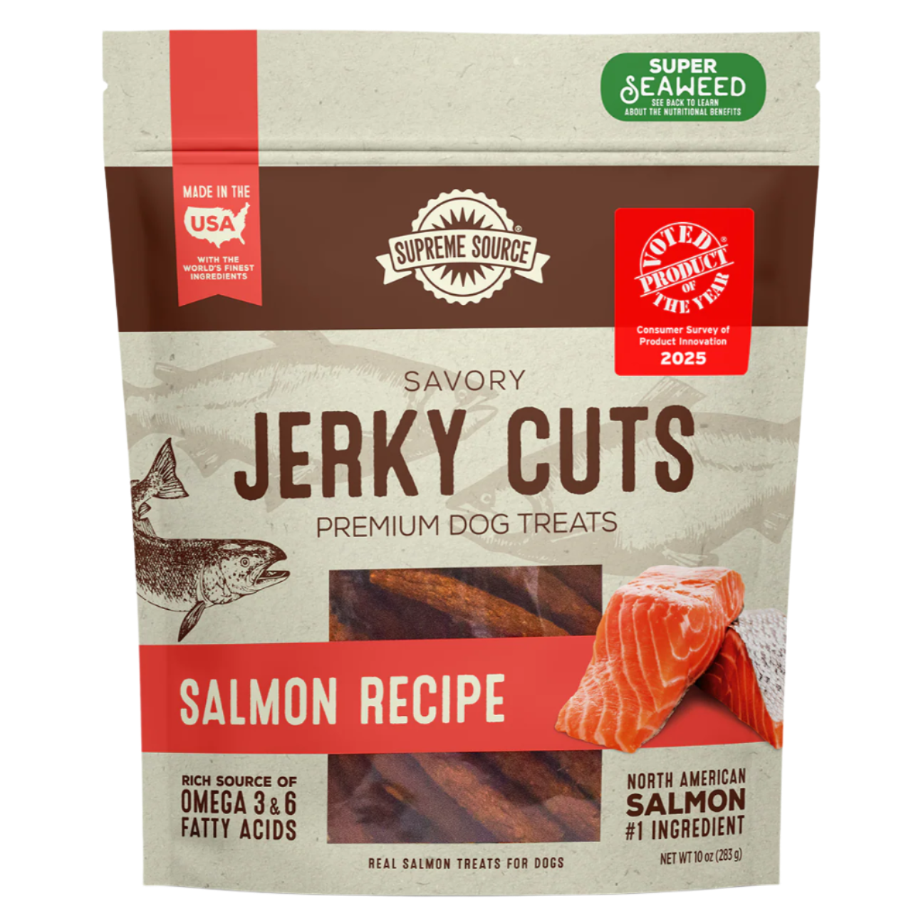 Packaging of Supreme Source Salmon Jerky Cuts with an image of the jerky cuts and a salmon recipe indication. The product is made in the USA, marked as super seaweed and free from artificial colors, flavors, or fillers.