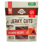 Packaging of Supreme Source Salmon Jerky Cuts with an image of the jerky cuts and a salmon recipe indication. The product is made in the USA, marked as super seaweed and free from artificial colors, flavors, or fillers.