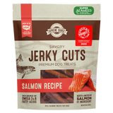 Packaging of Supreme Source Salmon Jerky Cuts with an image of the jerky cuts and a salmon recipe indication. The product is made in the USA, marked as super seaweed and free from artificial colors, flavors, or fillers.