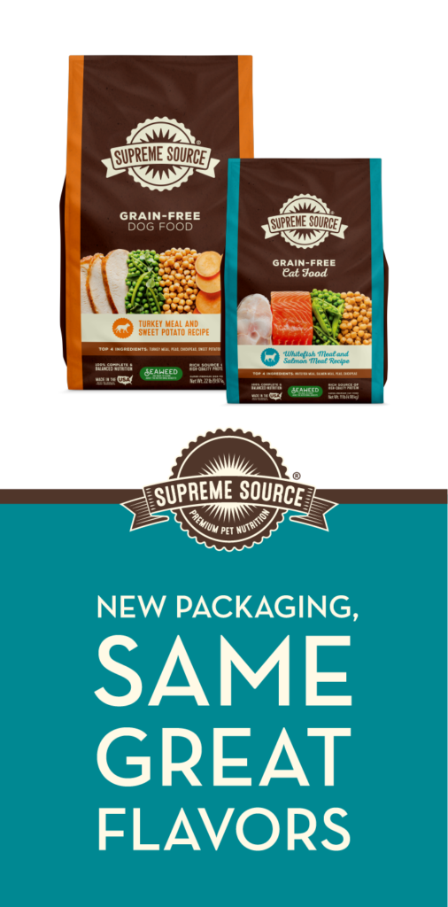 Supreme Source’s line of grain-free pet food and treats is getting a new look! New, environmentally-friendly packaging is hitting the shelves.